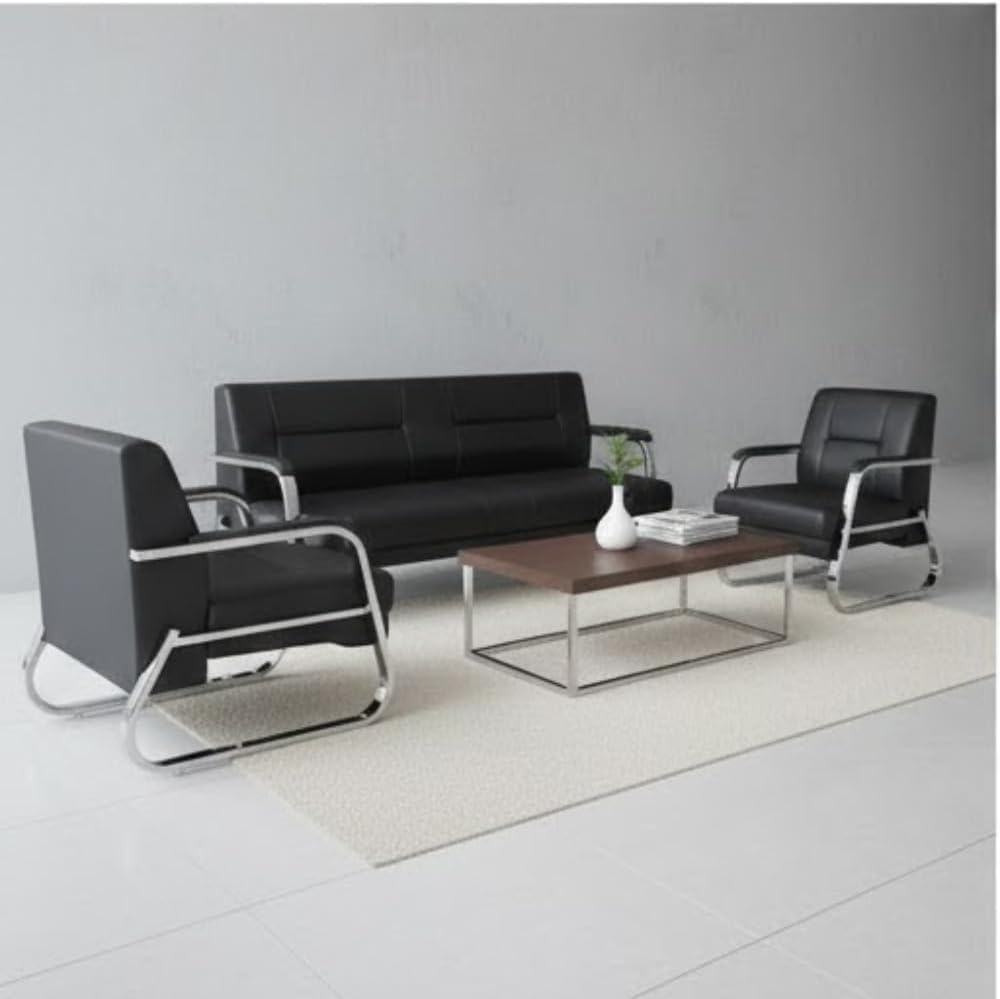 Aurora 3+1+1 Modern Faux Leather Sofa Set – 3 Seater Sofa with 2 Accent Armchairs, Stainless Steel Sled Frame, Contemporary Living Room Furniture Set