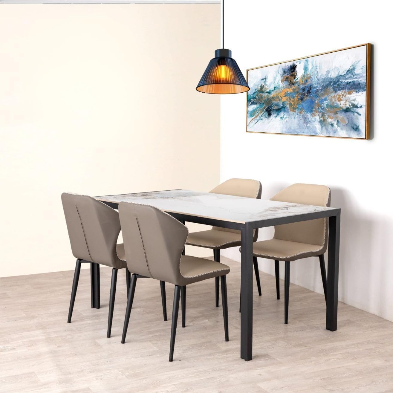 Dining Table 4 seater Marbel Top Table with Pu Leather Chairs 1+4  Beige Color