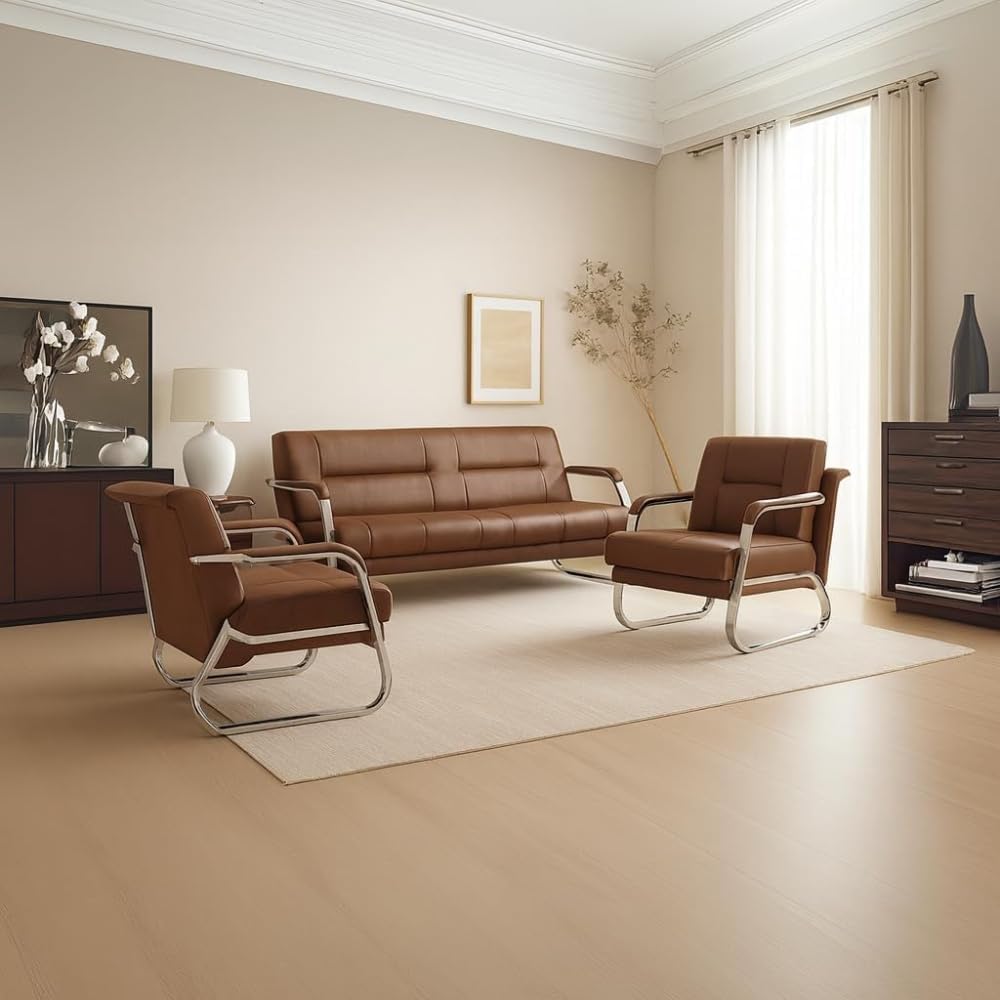 Aurora 3+1+1 Modern Faux Leather Sofa Set – 3 Seater Sofa with 2 Accent Armchairs, Stainless Steel Sled Frame, Contemporary Living Room Furniture Set