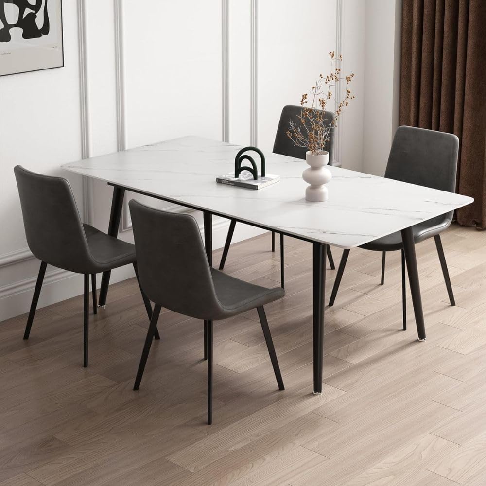 Jassper Dining Table 4 seater Marbel Top Table with Pu Leather Chairs 1+4