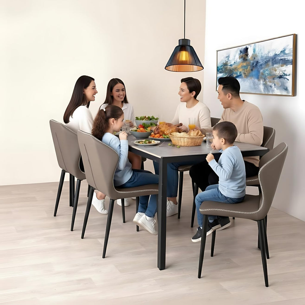 Dining Table 6 seater Marbel Top Table with Pu Leather Chairs 1+6 Grey Color