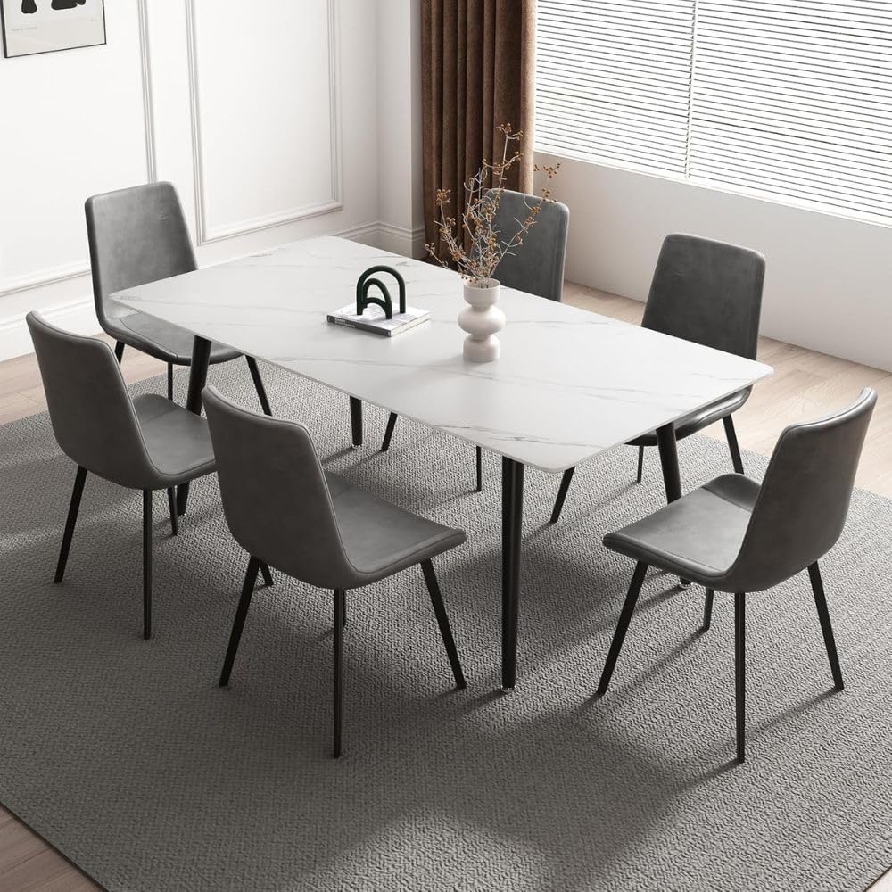 Jassper Dining Table 6 seater Marbel Top Table with Pu Leather Chairs 1+6